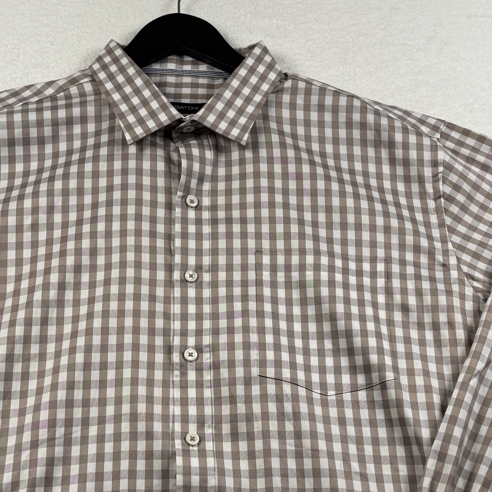 Bugatchi‎ Men's XL Brown White Gingham Plaid Button Up Long Sleeve Shirt